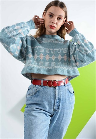 VINTAGE KNITTED CROP TOP BLUE PATTERNED.