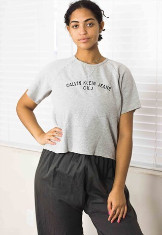 VINTAGE CALVIN KLEIN CROP TOP T-SHIRT LOGO 90S M 6.9