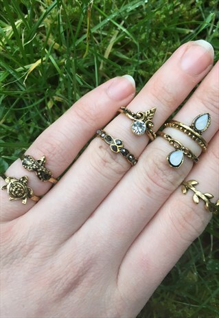 WOMENS BOHO AZTEC FLORAL GEM TURTLE GOLD COLOUR SET OF RINGS