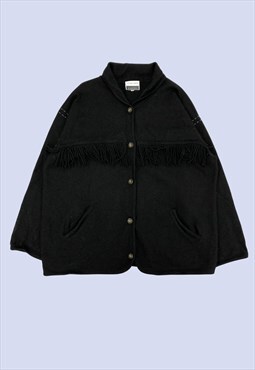 Black Fringe Jacket Womens Medium Button Up Vintage