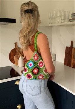 Green Handmade Crochet Knitted Shoulder Bag Granny Square