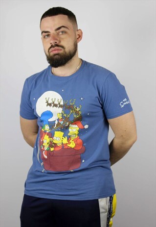 MENS VINTAGE SIMPSONS MERRY CRISTMAS T-SHIRT BLUE