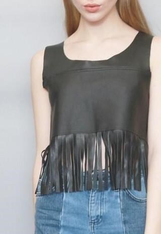 VINTAGE 1990'S BLACK LEATHER TASSELED CROP TOP