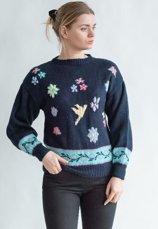 VINTAGE 80S FLORAL CHIC JUMPER WITH BIRDS AND FLOWERS