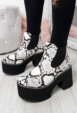 WOMENS WHITE CHELSEA ANKLE BOOTS HEEL PLATFORM SHOES