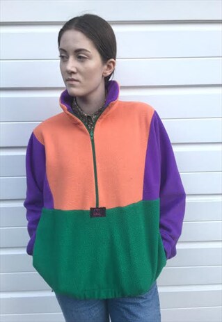 WOMENS VINTAGE 80S COLOURFUL FLEECE RAINBOW JUMPER PULLOVER