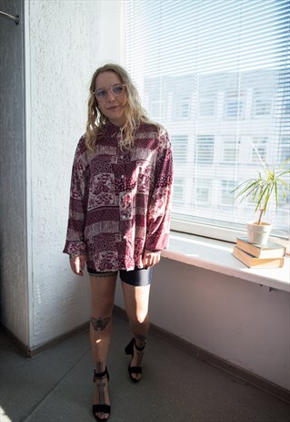 VINTAGE 70'S BOHEMIAN BURGUNDY RED PATTERNED VISCOSE BLOUSE