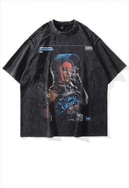 E-girl t-shirt cyber punk print tee grunge raver top in grey