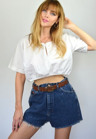VINTAGE 90S DARK BLUE DENIM HIGH WAISTED FRAYED SHORTS