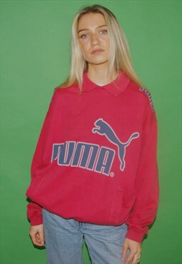 Vintage 90s Puma Red Collared Centre Logo  Jumper Sweatshirt