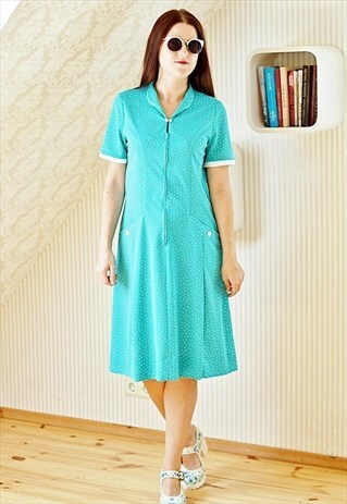 VINTAGE TEAL GREEN POLKA DOT DRESS