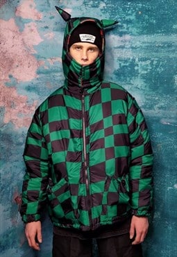 Check bomber jacket handmade reversible chess puffer green