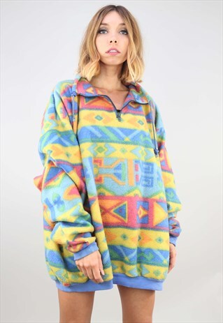VINTAGE OVERSIZED 1/4 ZIP MULTICOLOUR PATTERNED FLEECE