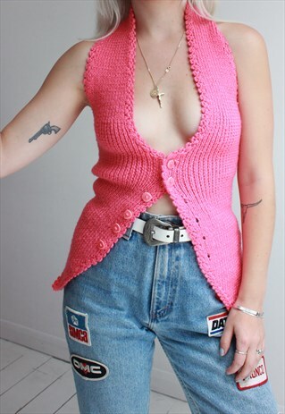 VINTAGE 70S HOT PINK KNITTED WAISTCOAT HALTERNECK