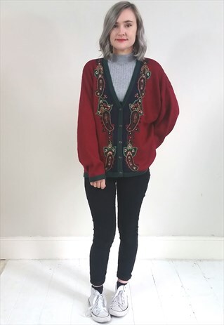 VINTAGE 90'S BURGUNDY EMBROIDERED OVERSIZED CARDIGAN