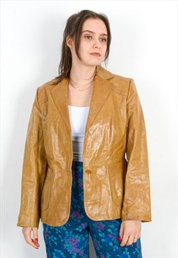 Vintage Women's L Leather Jacket Blazer Coat Brown Tan Top