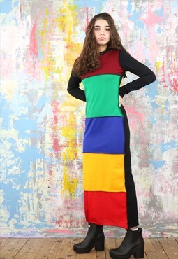 Rainbow Striped Patchwork Long Dress 