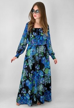 70's Blue Green Floral Vintage Ladies Bell Sleeve Maxi Dress