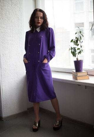 VINTAGE 80'S PURPLE MIDI LONG SLEEVED DOUBLE BREASTED DRESS