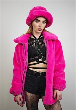 Neon pink fleece aviator jacket rave coat festival bomber