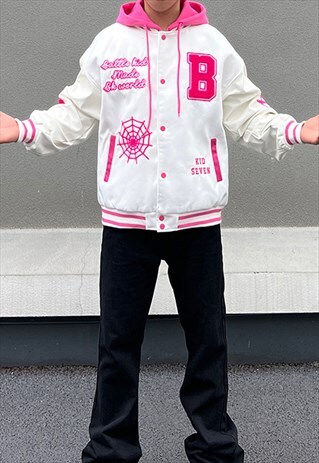White Embroidered Oversized Spider Baseball Varsity jacket 