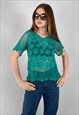 70'S VINTAGE LADIES TOP GREEN CROCHET FLORAL SHEER 