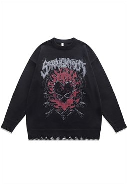 Gothic sweater ripped jumper heart print knitted top black