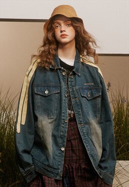 Shoulder patch denim jacket bleached jean varsity coat blue