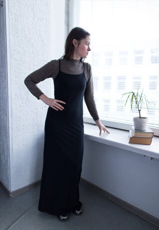 VINTAGE 80'S BLACK RIBBED GLITTER THREAD SLIP STYLE DRESS