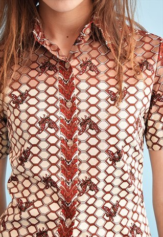 90'S GOES 70'S RETRO MOD PRINT LYCRA SHIRT TOP