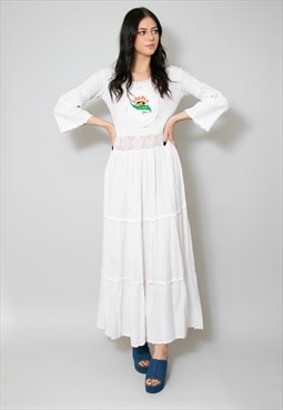 70's Vintage White Cheesecloth Cotton Embroidery Maxi Dress