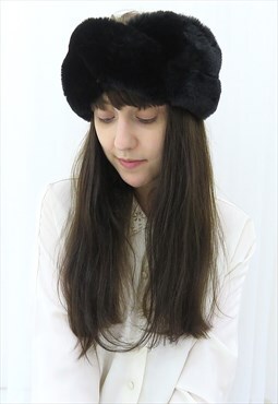 90s Vintage Black Faux Fur Russian Headband Hat