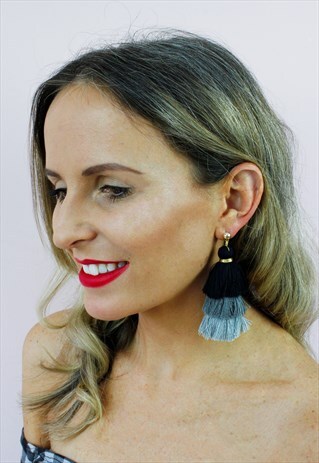 BLACK OMBRE TASSEL FRINGE DROP CHANDELIER EARRINGS