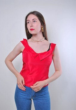 Vintage red collared evening sleeveless blouse 