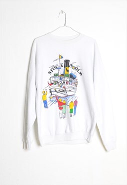 Vintage 90s White Colourful Graphic Stockholm Sweatshirt