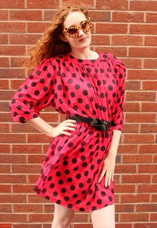 VINTAGE 80S MINI DRESS RED BLACK POLKA DOT SPOTTED BELT