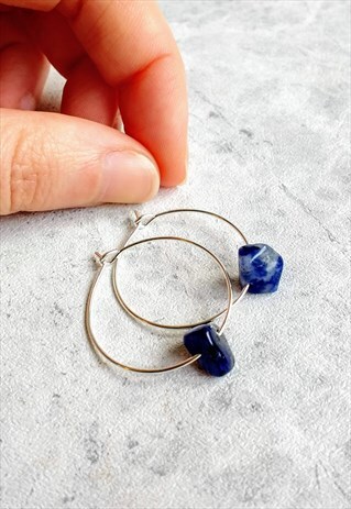 MINI SODALITE GEM STONE HOOP EARRINGS