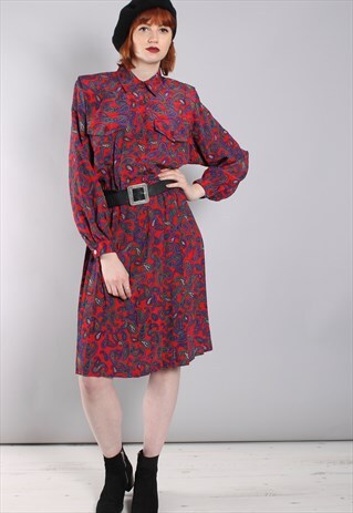 VINTAGE 80S PAISLEY PATTERNED PLEATED SHIRT DRESS