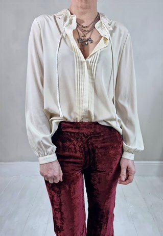 VINTAGE 80'S BEIGE SHEER LACE BLOUSE SHIRT