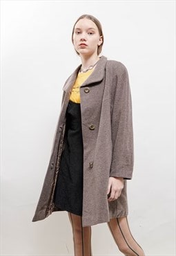 Vintage 60s Posh Brown Wool Button Up Midi Coat Women L