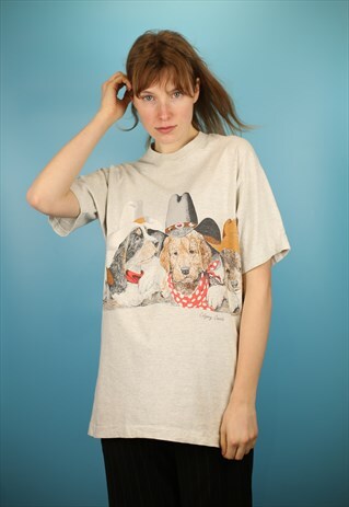 VINTAGE 90S COWBOY PUPPIES PRINT CALGARY CANADA T-SHIRT