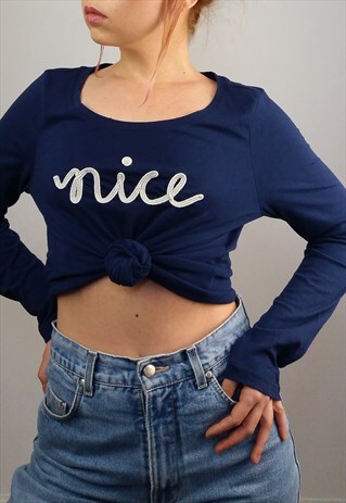 VINTAGE 90'S 'NICE' EMBROIDERY LONG-SLEEVE TOP / SWEATSHIRT