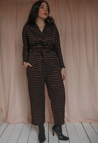 VINTAGE 80S TROUSER SUIT IN BLACK WITH GOLD STRIPE