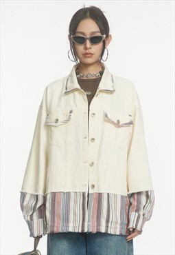 Reworked denim jacket ethnic pattern jean varsity in cream