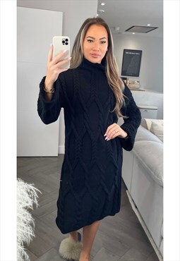 High Neck Maxi Cable Knitted Jumper Dress In Black