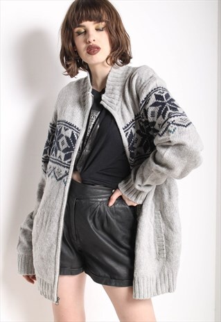 VINTAGE JAZZY ABSTRACT CRAZY PATTERNED CARDIGAN GREY