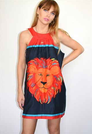 VINTAGE NAVY BLUE & RED LION PRINT HALTER MINI DRESS