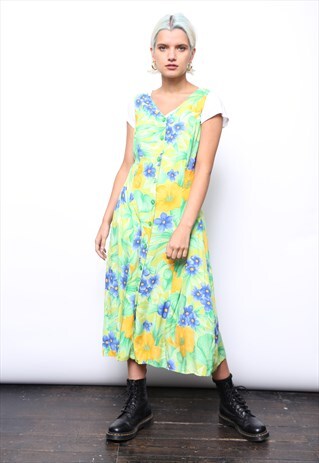 VINTAGE 90S GREEN FLORAL PRINT BUTTON MIDI DRESS
