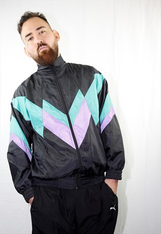 VINTAGE BLACK & PASTEL COLOR BLOCK RETRO TRACK JACKET