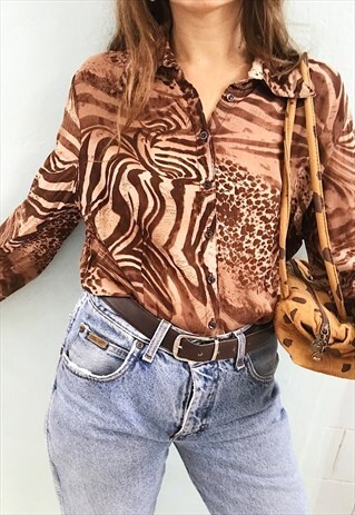 VINTAGE Y2K PARISIAN CHIC SHIRT TOP BLOUSE ANIMAL PRINT